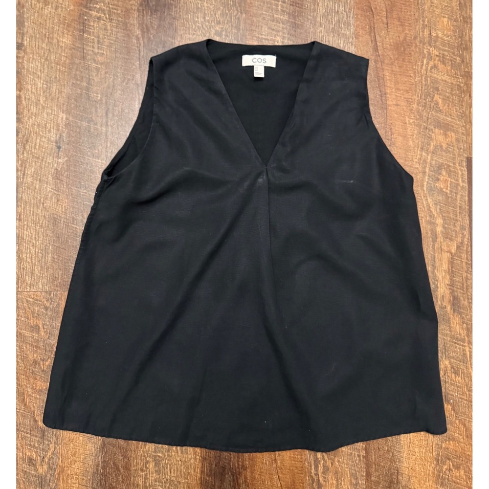 COS Black V Neck Cotton Linen Lyocell Blouse Top Size 6 Minimalist